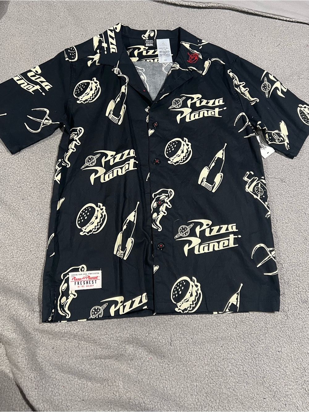 Disney Black Pizza Planet Button-Down Camp Shirt
